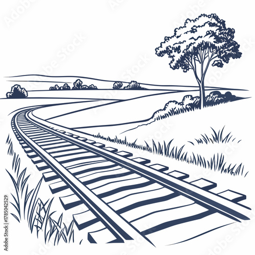 A scenic monochrome illustration of a winding railway track through a lush countryside landscape with a prominent tree