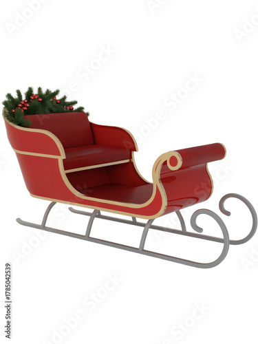 Classic red and gold Santa Claus sleigh decorated with pine boughs and holly berries, isolated on white background.