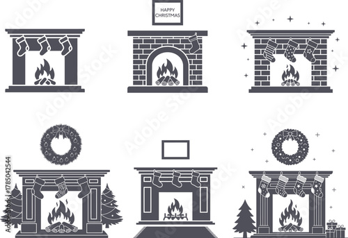 Christmas Fireplace Collection Happy Christmas Vector illustration