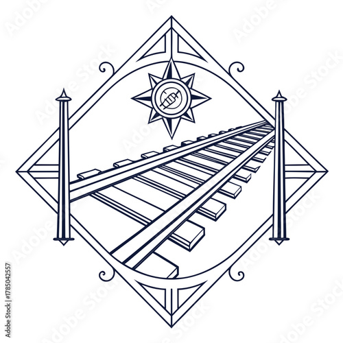 Railroad tracks receding into the distance, framed by a diamond shape and topped with a compass rose, a vintage, linear design