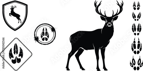Deer Silhouette and Paw Print Collection: Hunting and Wildlife Icons Set with Shield and Tracks, AI Generative