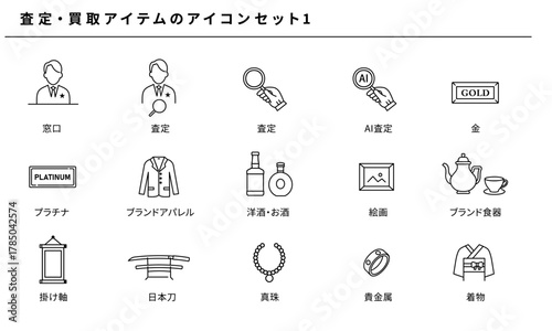 査定・買取アイコンセット1｜ブランド品・金・プラチナ・骨董品・AI査定