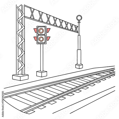 Illustration of a train station with railway tracks, signal lights, and a gantry, the scene is depicted in a clean, outlined style