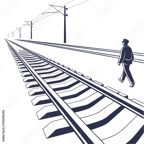 A lone railway worker walks along the tracks, inspecting the line and ensuring its safety, with overhead power lines stretching into the distance