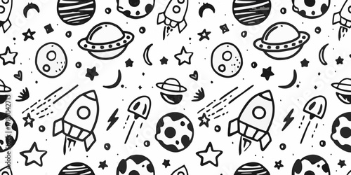 Whimsical hand drawn doodle pattern of rockets planets stars and moons in black and white