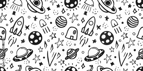 Whimsical hand drawn space pattern with rockets planets stars and ufos