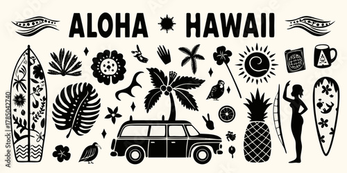 Aloha hawaii collection of black and white tropical icons and symbols