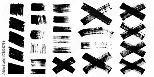 Collection of black and white hand painted brush stroke textures and x marks