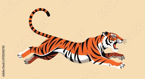 Dynamic Running Tiger Illustration with Open Mouth and Swirling Tail in Orange and Black Colors, AI Generative