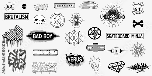 Collection of grunge and street art style icons and emblems with skulls and abstract designs