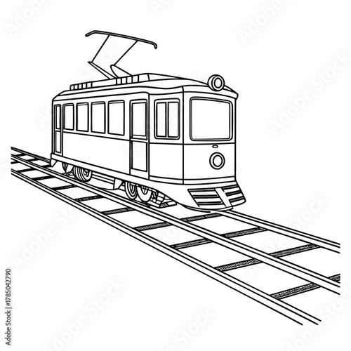 Illustration of a vintage tram on the railway, the tram is drawn in black and white and has a retro design with a trolley pole