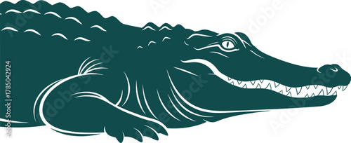 Intense Alligator or Crocodile Head Vector Mascot with Sharp Teeth and Detailed Scales in a Dark Teal Color, AI Generative