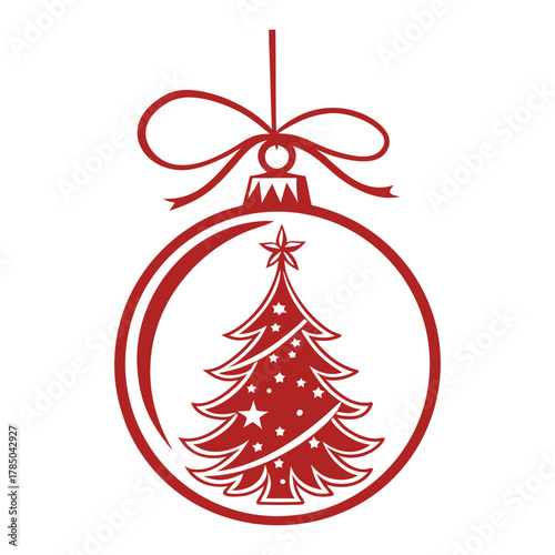 A festive red christmas ornament with a silhouette of a decorated pine tree inside suspended by a simple ribbon bow perfect for holiday greetings and winter celebrations
