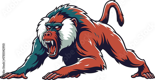 Aggressive Mandrill Baboon Mascot Vector Illustration with Detailed Fur and Expressive Snarl in Vibrant Colors, AI Generative