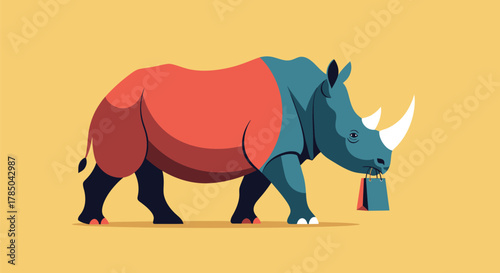 Stylized Rhinoceros Illustration in Modern Flat Design with Coral and Teal Colors on a Warm Yellow Background AI Generative