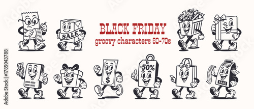 Set of cheerful retro cartoon characters themed around Black Friday shopping, styled with a groovy 60s–70s vintage aesthetic