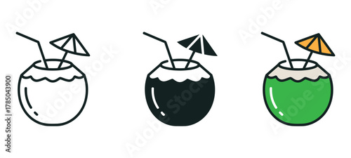 Refreshing coconut drink icons, inviting summer vibes with straw and umbrella, perfect for travel, healthy lifestyle or tropical getaway designs