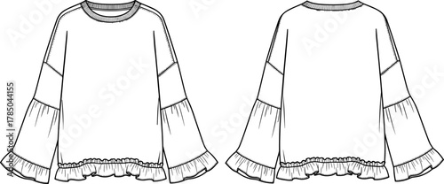Fashion blouse technical sketch, long sleeve top vector, ruffle hem garment drawing, front and back view, apparel design illustration