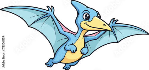 Cartoon blue pterodactyl, cheerful flying dinosaur, friendly prehistoric creature, kids illustration, vector art, smiling face, pink wings, playful design