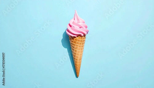 Delicious Summer Treat: A tempting swirl of pastel pink ice cream, nestled in a crispy cone, rests against a soft blue backdrop, casting a playful shadow.
