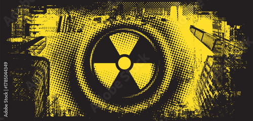 Vector banner on the theme of urbanism, street art, digital technologies. Reminds of a cross or a photo lens on the background of fragments of the urban landscape, pixels. Design of a T-shirt. No ai