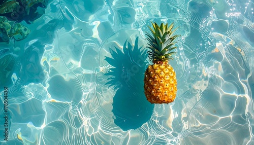 Tropical Treasure: A vibrant pineapple floats in crystal-clear water, its shadow dancing beneath the surface, embodying a sense of tropical delight. 