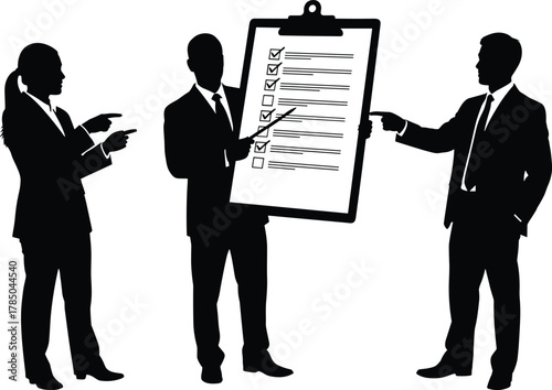 Business team reviewing checklist, task management, collaboration strategy, silhouette professionals, project planning, leadership goals, teamwork success, productivity, corporate meeting