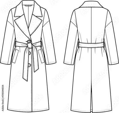 Women's trench coat vector, fashion technical sketch, garment flat drawing, outerwear design template, double-breasted coat illustration, apparel construction detail