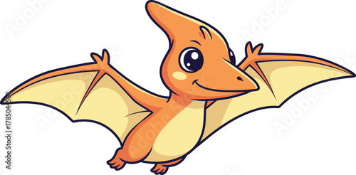 Cartoon pterodactyl character, orange flying dinosaur, cheerful prehistoric animal, kids illustration, smiling wingspread dino, vector art, white background, fun