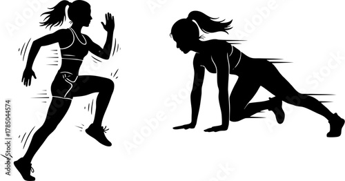 Athletic silhouette set featuring female runner and mountain climber poses with dynamic motion lines, ideal for cardio, agility, and fitness training visuals in stock illustration and workout design.