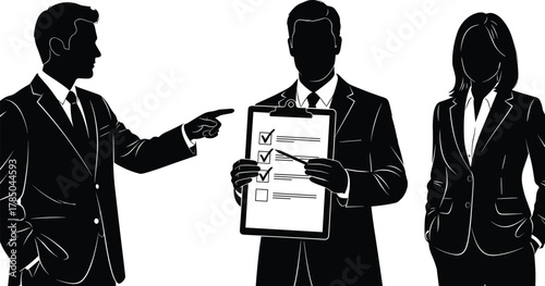 Business professionals silhouette, checklist presentation, corporate teamwork, project planning, leadership discussion, black and white vector, office strategy illustration