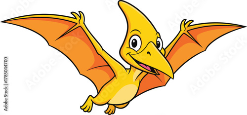 Cartoon pterodactyl, flying dinosaur character, yellow and orange wings, smiling prehistoric animal, kids illustration, cheerful pose, cute design, vector art