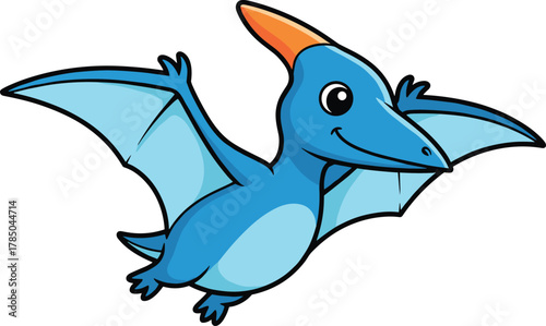 Cartoon pterodactyl, flying dinosaur, blue body, orange crest, smiling face, kids illustration, prehistoric animal, cute reptile, children art, educational image