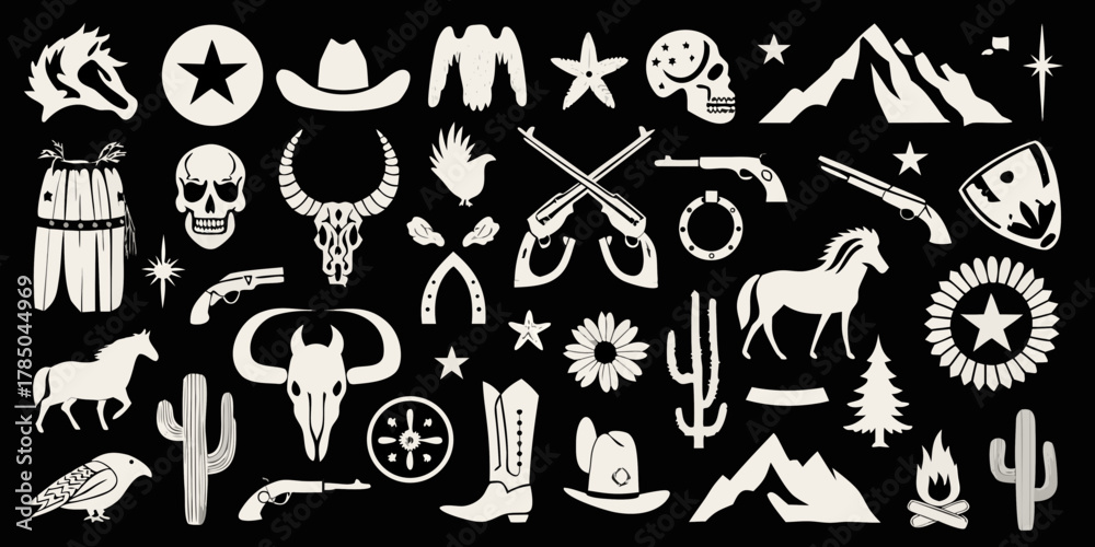 Naklejka premium Collection of western and wild west icons and symbols on black background