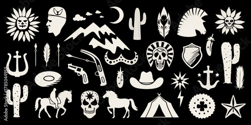 Collection of western and native american inspired icons and symbols on a black background