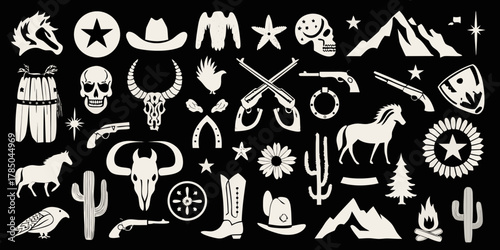 Collection of western and wild west icons and symbols on black background