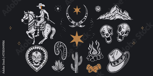 Collection of western and native american inspired illustrations on a dark background