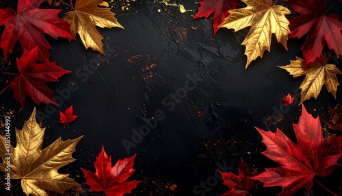 Autumn Leaves' frame: A stunning frame of autumn leaves, in shades of red and gold, on a textured black backdrop that highlights the leaves' elegance and warmth, perfect for seasonal designs.