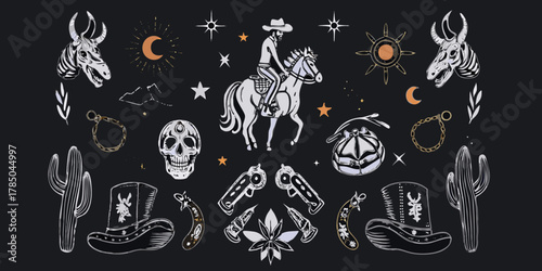 Whimsical western cowboy and horse illustration with skull cactus and celestial elements