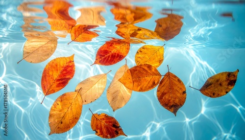 Autumn Leaf Floating: A tranquil moment captures the dance of vibrant autumn leaves, gracefully floating atop the crystalline water. This image conveys the ephemeral beauty of fall.