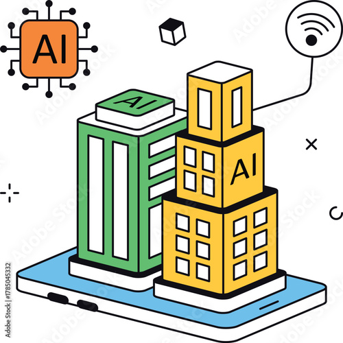 Ai powered building internet connection network isometric flat vector illustration