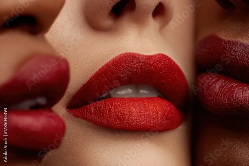 High-detail macro of red matte lipstick on smooth lips surrounded by contrasting skin tones, showcasing texture, shape and modern beauty aesthetics.