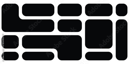 Black dark isolated modern Bento-grid puzzle brick icons on white background. Modern abstract bento-grid icon on white page. Modern design bento-grid. EPS 10. 