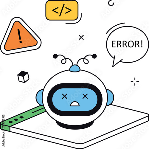 Ai robot system error with code elements isometric flat vector illustration