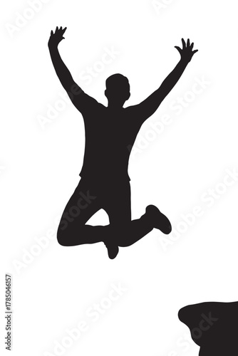 Energetic silhouette of a man jumping off a cliff, exuding freedom and adventure, perfect for travel blogs or inspirational content, celebrating success