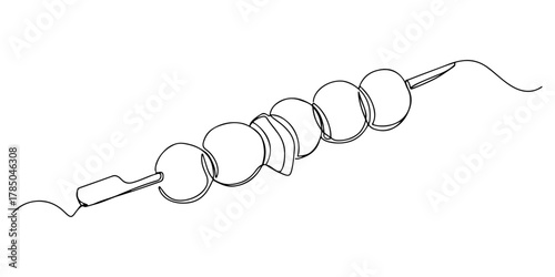 Continuous one line of meatballs on a skewer, symbolizing a savory appetizer and flavor, hand drawn vector illustration.