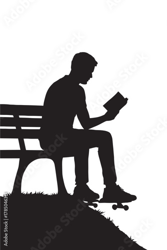 Silhouette of a thoughtful person engrossed in a book while relaxing on a park bench with a skateboard, capturing moments of peace and reflection