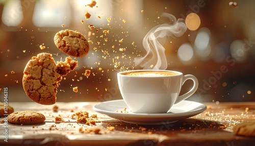 Coffee and Biscuit moment: A steaming cup of coffee is the centerpiece, with biscuits flying and creating a warm, inviting image, perfect for evoking a sense of calm and enjoyment.