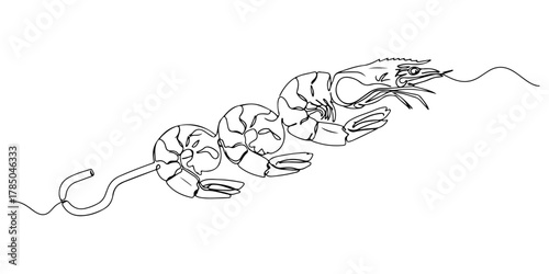 Continuous one line of grilled shrimp skewers, representing seafood appetizer and elegance, hand drawn vector illustration.
