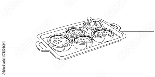Continuous one line of sliced ​​stuffed peppers on a tray, symbolizing a colorful and healthy snack, hand drawn vector illustration.